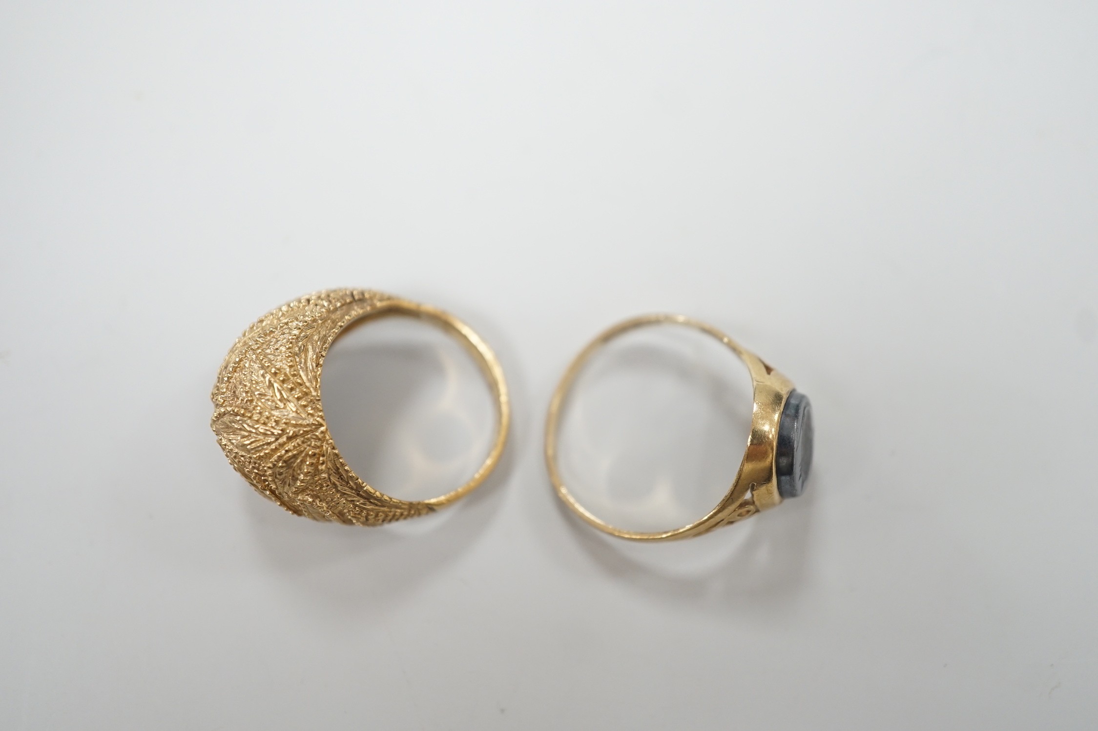 Two modern 9ct gold rings, including hematite signet ring